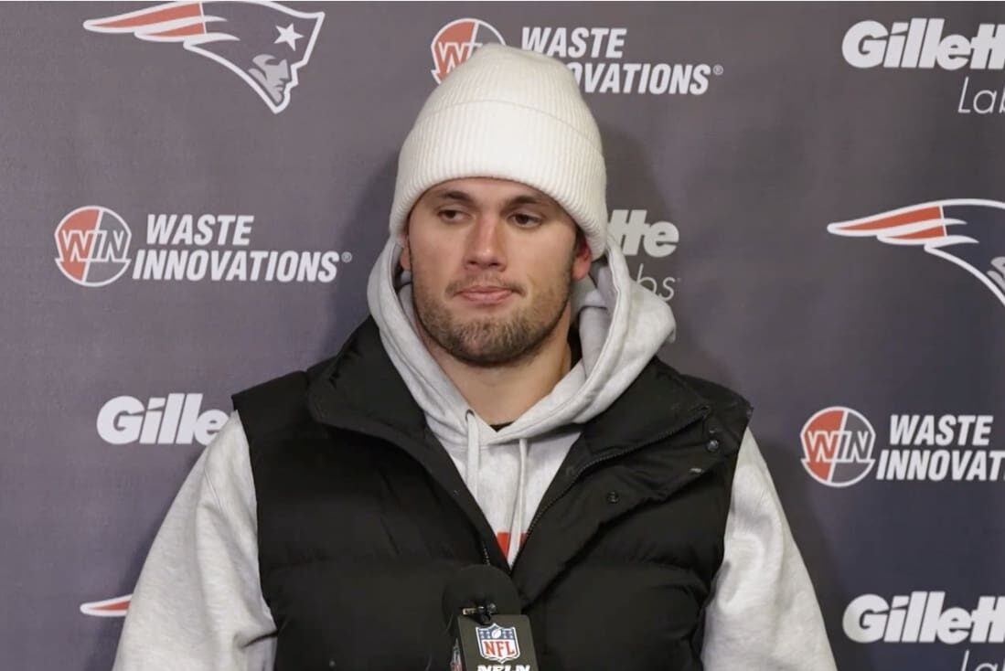 New England Patriots right end Hunter Henry speaks to reporters after the team's 24-21 loss to the Buffalo Bills